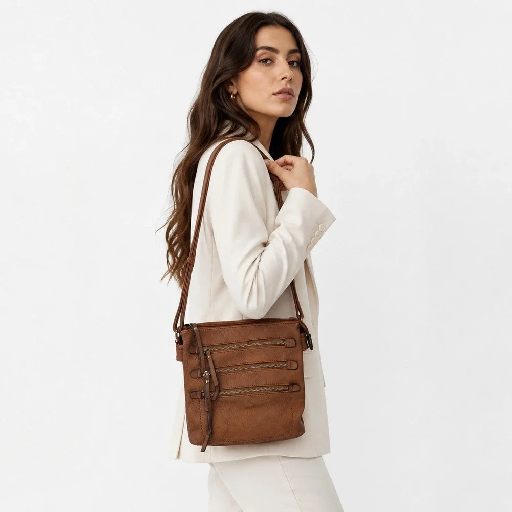 MKF By Mia Collection Vegan Leather Cross Body Shoulder Bag Multi Zipper Pocket